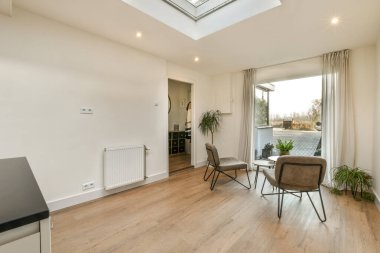 Tavanda parke döşeme ve tavan pencereleri olan bir oturma odasında birbirine bakan iki sandalye var.