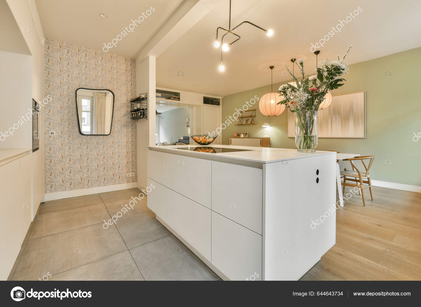 Kitchen Dining Area House White Cabinets Light Green Walls Wood — Stock  Photo © procontributors #644643734, image size:1600x1167