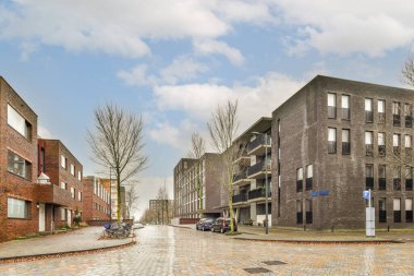 Arka planda binaları ve her iki tarafında da yaprakları olmayan boş bir cadde.