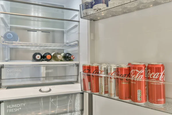 Open Refrigerator Sodas Cans Door Front Fridge Full Coke — Stock Photo, Image