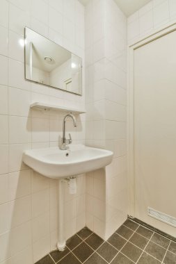 Duş kabininin yanındaki duvarda lavabo ve ayna olan bir banyo arkasında.