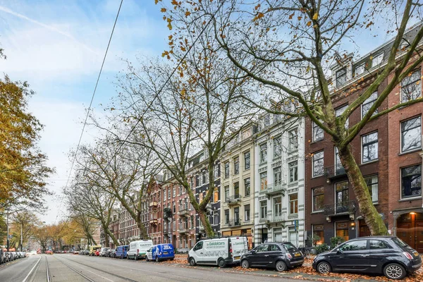 Eine Stadtstraße Mit Straßenrand Geparkten Autos Und Bäumen Die Die — Stockfoto