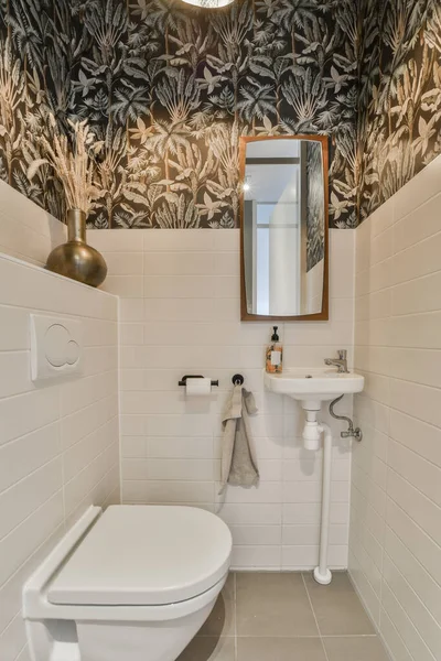 Ванная Комната Туалетом Раковиной Зеркалом Стене Рядом Ней Рисунок Пальмового — стоковое фото