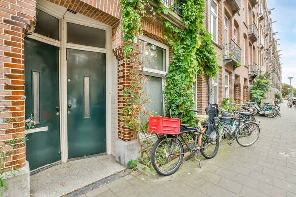 Amsterdam Hollanda Nisan 2021 Yeşil Kapıları Sarmaşıkları Olan Tuğla Bir — Stok fotoğraf