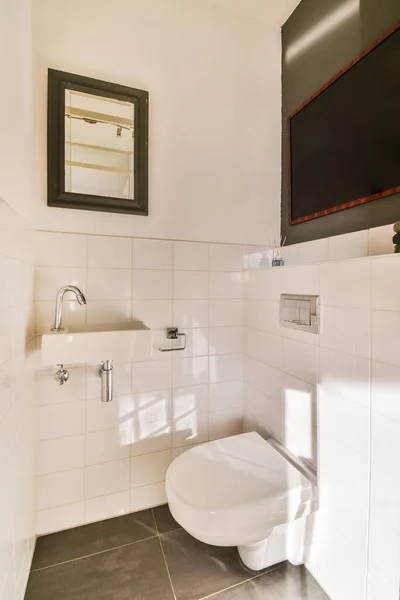 Small Bathroom Toilet Toilet Bowl White Tiled Wall Black Frame — стоковое фото