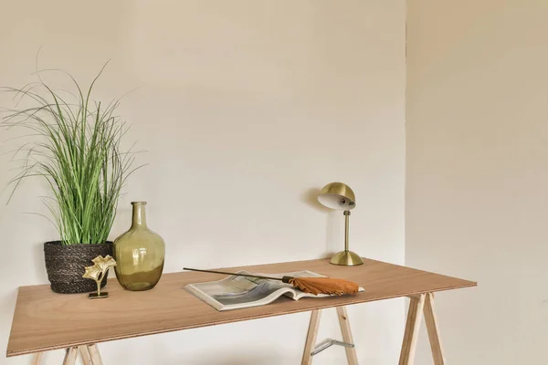 Ein Tisch Mit Einer Pflanze Darauf Und Einem Buch Neben — Stockfoto