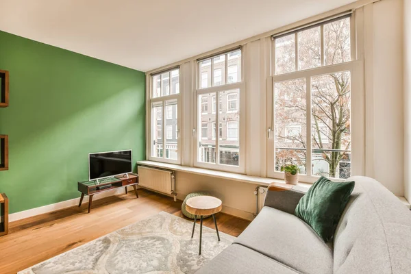 Living Room Green Walls White Trim Window Sies Corner — Stock Photo, Image