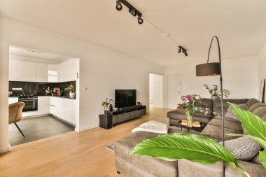 a living room with couchs, chairs and a large green plant in the center of the room on the right side clipart