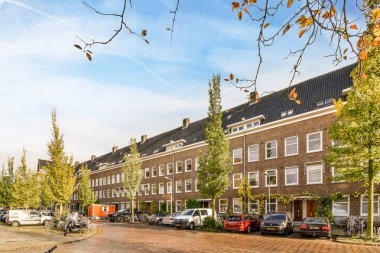 Amsterdam, Hollanda - 10 Nisan 2021: Kenarında arabalar olan bir cadde ve binanın önündeki ağaçlar Vandall 'a ait.