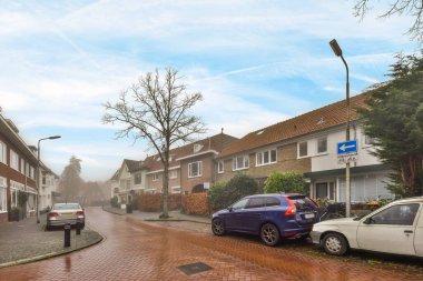 Amsterdam, Hollanda - 10 Nisan 2021: yan tarafında arabalar ve arka tarafında evler olan bir cadde, yol boyunca bazı ağaçlar büyüyor