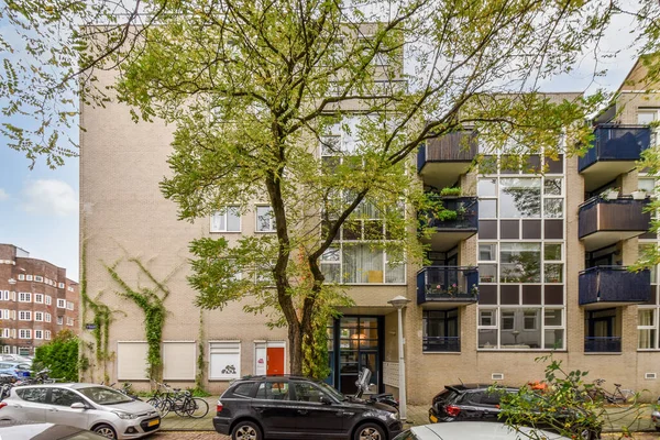 네덜란드 암스테르담 2021 주차장에 자동차가 주차되어 아파트 옆에서 자라는 나무들 — 스톡 사진
