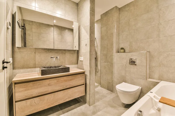 Lavabosu Tuvaleti Küveti Olan Bir Banyo Duvarın Diğer Tarafında Aynı — Stok fotoğraf