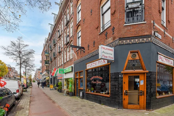 Amsterdam Netherlands April 2021 Small Restaurant Side Street Cars Parked — Stock Photo, Image