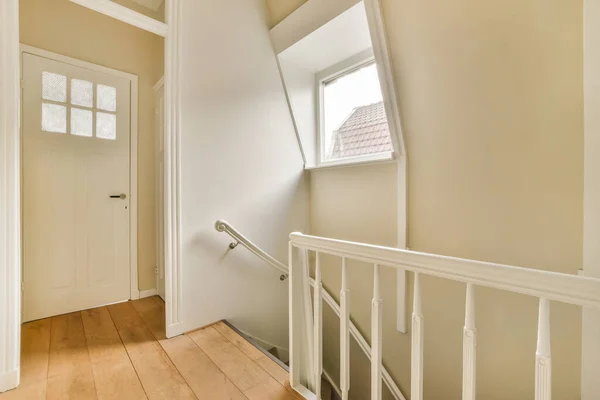 Empty Room Wood Floors White Trim Door Window Stairs Leading — Stock Photo, Image