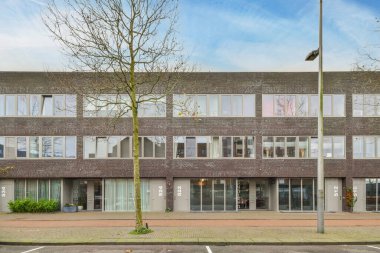 Amsterdam, Hollanda - 10 Nisan 2021: yan tarafında birçok pencere ve yanında sokak lambası direği olan bir binanın önündeki ağaç