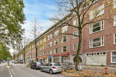 Kenarında arabalar ve caddenin ortasında yapraklarla çevrili ağaçlar olan bir şehir caddesi.