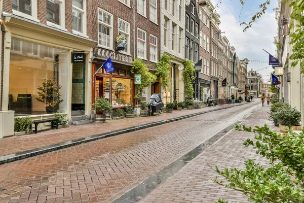 Amsterdam April 2021 Een Stadsstraat Met Gebouwen Bomen Voorgrond Foto — Stockfoto
