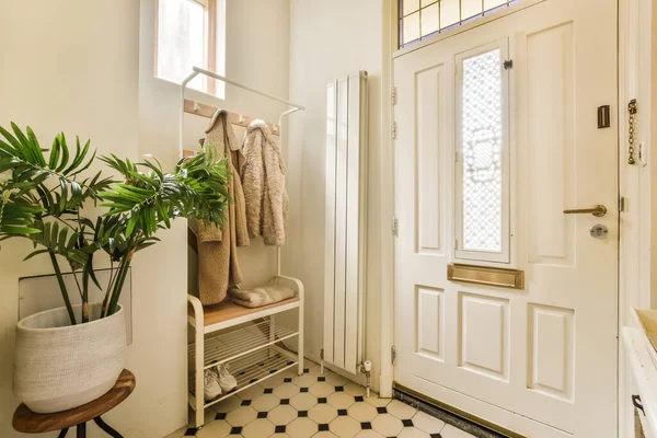白いドアの隣にあるのはその上に植物と鏡のあるバスルームです — ストック写真