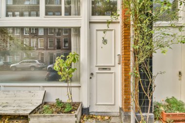 Amsterdam, Hollanda - 10 Nisan 2021: Kapısında ve arkasında bir araba park edilmiş bir evin önündeki bazı bitkiler tuğla bir bina.