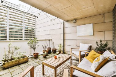 Bir balkon, yerde bitkiler ve önünde iki kanepe var. Hepsi kameraya dönük.