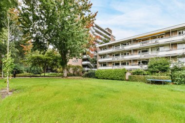 Amsterdam, Hollanda - 10 Nisan 2021: Parlak güneşli bir gün fotoğrafı üzerine ön planda yeşil çimen ve ağaçlı bir apartman