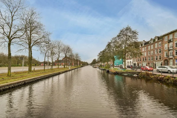 Амстердам Нидерланды Апреля 2021 Года Канал Автомобилями Припаркованными Сбоку Деревьями — стоковое фото