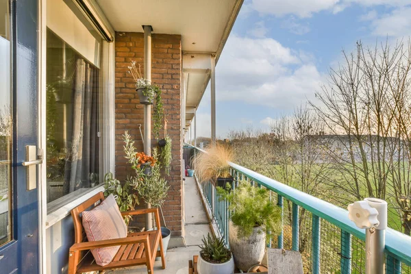 Verandada sandalyeler ve bitkilerle dolu bir balkon. New York 'ta bir daireden suya bakıyor.