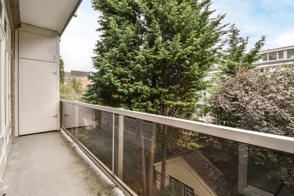 Amsterdam, Hollanda - 10 Nisan 2021: Ortasında ağaç ve diğer tarafında çalılar olan bir balkon, bir apartman penceresinden de görülüyor.