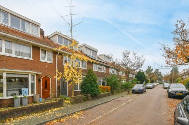 Amsterdam, Hollanda - 10 Nisan 2021: Bir kentsel yerleşim bölgesinde güneşli bir sonbahar gününde, arka planda park etmiş arabaların ve evlerin olduğu bir sokak