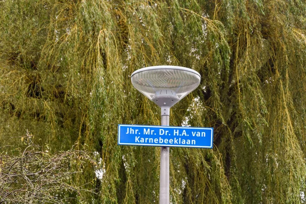 オランダ アムステルダム 2021年4月10日 緑の葉とその後ろの枝を持つ木の前の道路標識はDredkan氏の名前です — ストック写真
