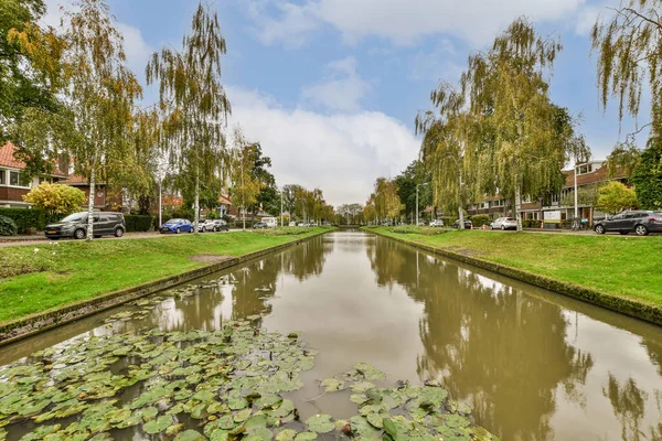 Амстердам Нидерланды Апреля 2021 Года Канал Водяными Лилиями Переднем Плане — стоковое фото