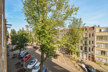 Amsterdam, Hollanda - 10 Nisan 2021: Yolun kenarına park etmiş arabaları ve cadde boyunca dizili binaları olan şehir merkezinin ortasındaki bir ağaç