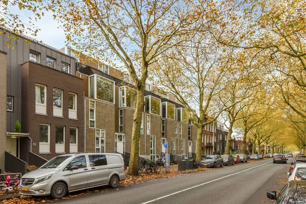 Amsterdam, Hollanda - 10 Nisan 2021: Yolun kenarına park etmiş bir apartmanın önünde cadde boyunca bir sürü ağaç olan bazı arabalar