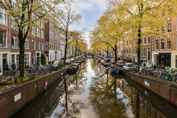 Amsterdam, Hollanda - 10 Nisan 2021: Her iki tarafında bisikletleri ve ağaçları suya yansıyan kentsel bir bölgenin ortasında bir kanal