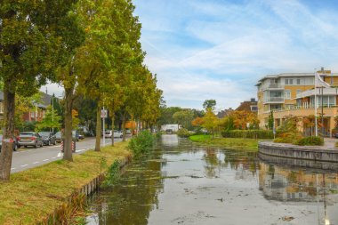 Her iki tarafında evler ve ağaçlar olan bir şehir bölgesinin ortasında bir nehir var. Yukarıda mavi bir gökyüzü var.