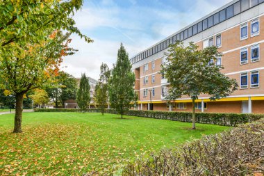 Amsterdam, Hollanda - 10 Nisan 2021: Önünde ağaçlar ve çimenler olan bir apartman - dışarıdan sokağa bakan bir görüntü alındı