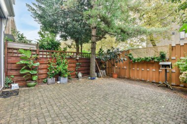 Amsterdam, Hollanda - 10 Nisan 2021: Bahçesinde tuğla kaldırımlar ve ahşap çitlerle çevrili bir arka bahçe, ağaçlar, bitkiler ve saksılarla çevrilidir.