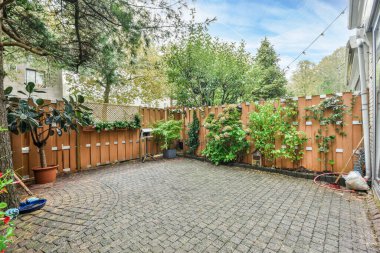 Amsterdam, Hollanda - 10 Nisan 2021: Tuğla kaldırımları ve çitli arka bahçenin yanında saksı bitkileri olan bir arka bahçe