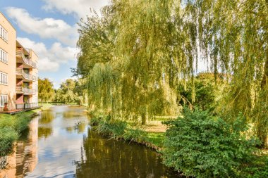 Amsterdam, Hollanda - 10 Nisan 2021: Apartman binalarıyla çevrili, her iki tarafında ağaçlar ve çalılar olan bir yerleşim bölgesinin ortasındaki bir nehir