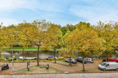 Park halindeki arabaların ve ağaçların olduğu bir otopark. Açık mavi gökyüzü günündeki hava görüntülerinden alındı.