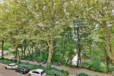 Ağaçlar ve arabalar bir apartmanın önünde, yukarıdan Google kameraları tarafından çekildi.
