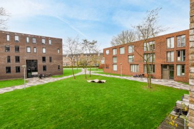 Amsterdam, Hollanda - 10 Nisan 2021: Binanın diğer tarafında yeşil çimenli ve çıplak ağaçlı bazı binalar