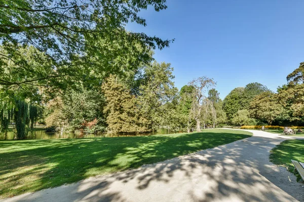 stock image Amsterdam, Netherlands - 10 April, 2021: a park with trees, grass and a bench in the foreground is on the right side of the photo