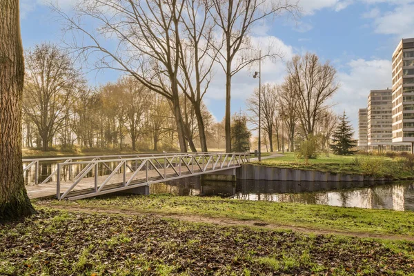 a bridge over a small pond in the middle of an urban park with trees and buildings on both sides,