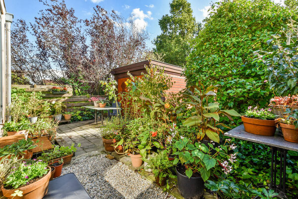 Амстердам, Нидерланды - 10 апреля 2021 года: открытый сад с большим количеством растений и горшков на земле перед домом, окруженный деревьями