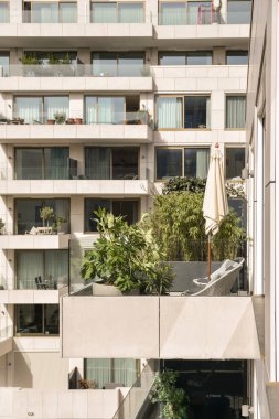 Amsterdam, Hollanda - 10 Nisan 2021: Balyalarda ve balyalarda büyüyen bitkilerle dolu bir apartman - yukarıdan görüntü alındı
