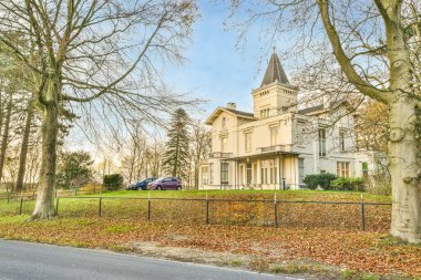 Parkın ortasında, her iki tarafında ağaçlar ve yanında park edilmiş bir araba olan büyük bir ev.