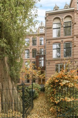 Düşen yaprakları ve ön taraftaki ağaçları olan bir apartman dairesi sokağın karşısından çekiliyor.