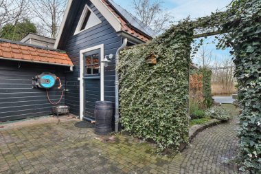 Yan tarafında sarmaşık büyüyen mavi bir ev ve arka kapısında açık bir duş var.