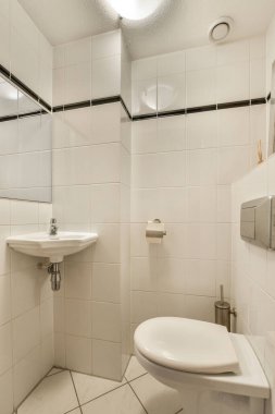 Duvarlarında beyaz fayanslar ve siyah süslemeler olan küçük bir banyo. Tuvaletin üstünde bir ayna var.